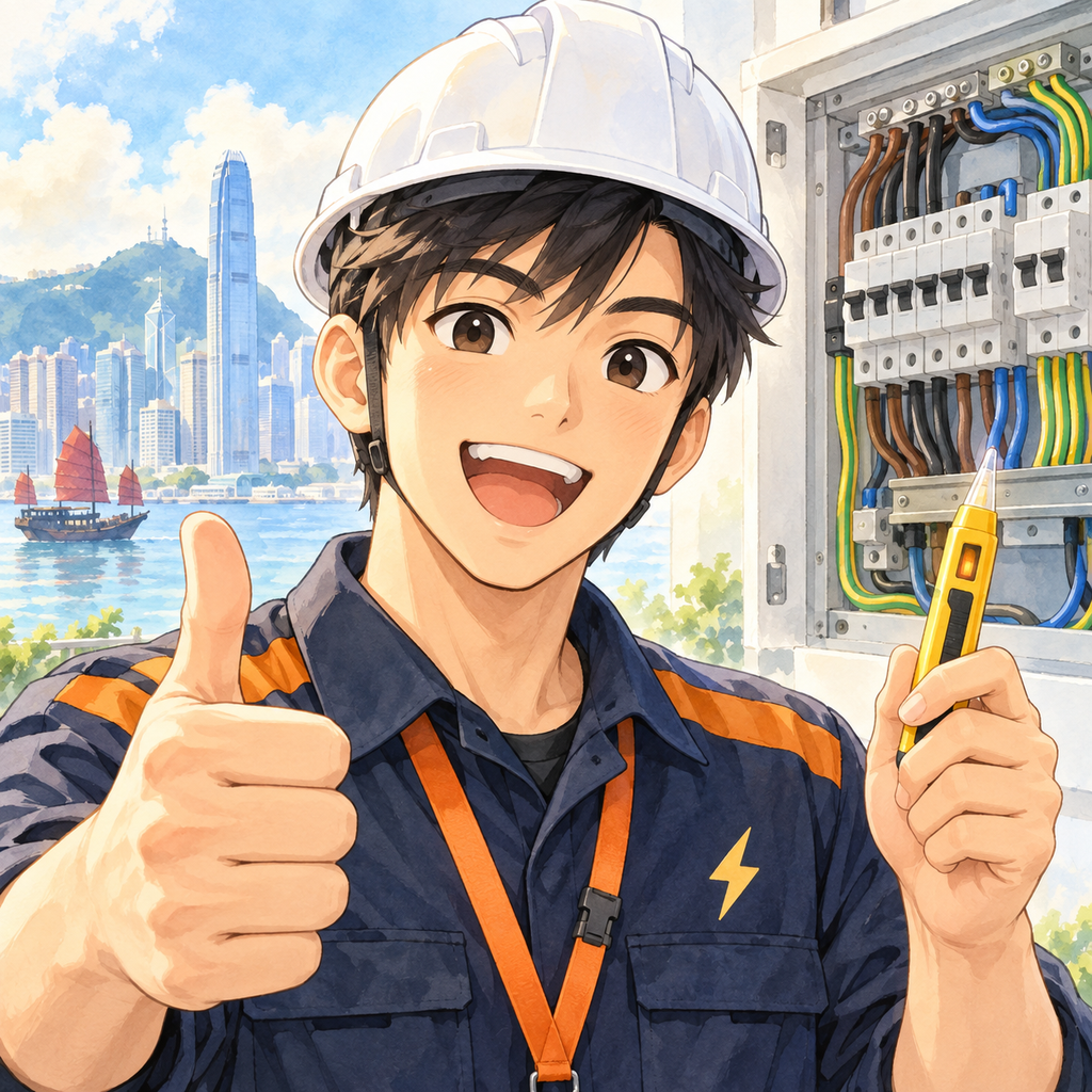 Illustrated electrical learner wearing a hard hat